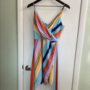 Buckle Blue and Orange Multicolor Faux Wrap Sundress with Spaghetti Straps
